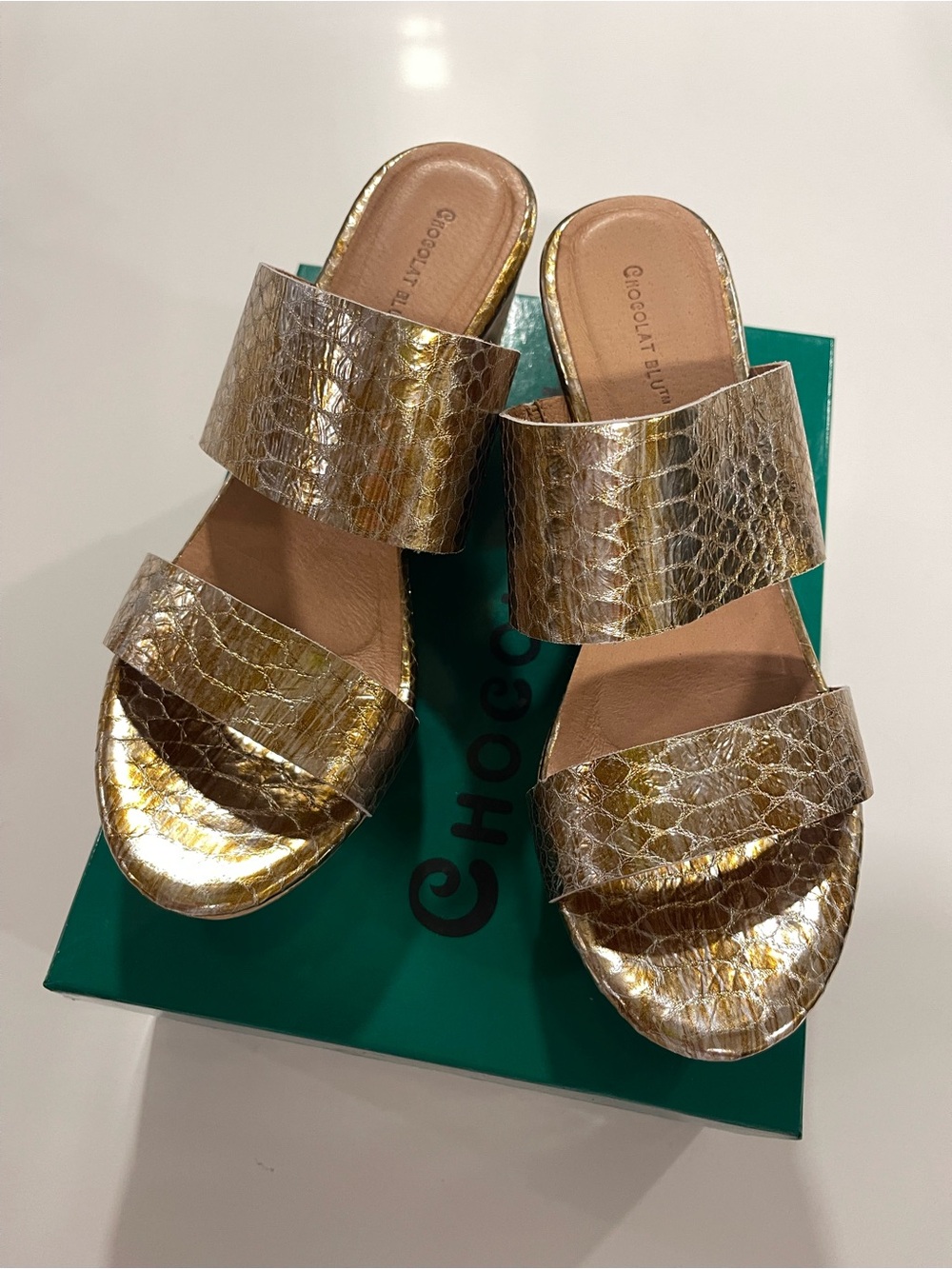 Chocolat Blu Wilder Metallic Bronze Gold Croc-Embossed Double Strap Wedge Slides